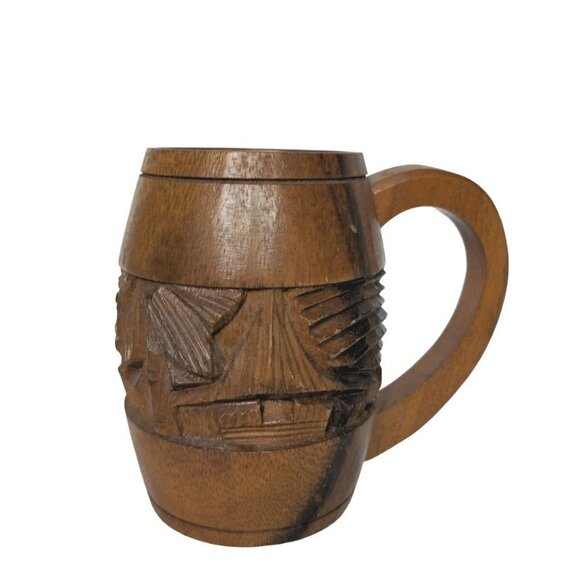 Hand Carved Wooden Hawaiian Tiki Mug Cup 5.25" - Picture 3 of 6